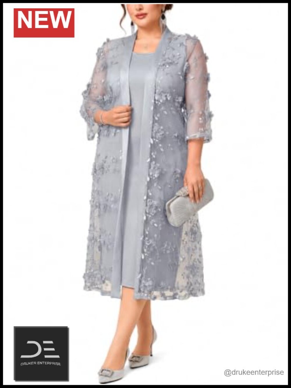 Plus Size 2 Piece Mother of the Bride Dress Set Midi Sheath 3D Floral Mesh